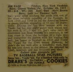 1950 Drake's TV Baseball Series (D358) #27 Joe Page Back