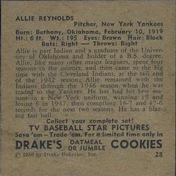 1950 Drake's TV Baseball Series (D358) #28 Allie Reynolds Back