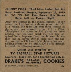 1950 Drake's TV Baseball Series (D358) #32 Johnny Pesky Back