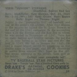 1950 Drake's TV Baseball Series (D358) #34 Vern Stephens Back
