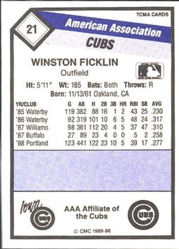1989 CMC Iowa Cubs #21 Winston Ficklin  Back