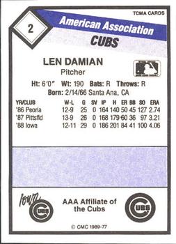 1989 CMC Iowa Cubs #2 Len Damian  Back