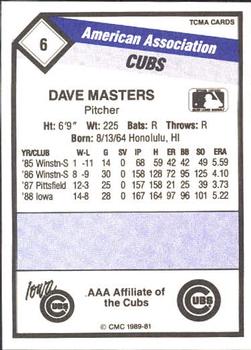 1989 CMC Iowa Cubs #6 David Masters Back
