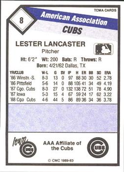 1989 CMC Iowa Cubs #8 Les Lancaster  Back