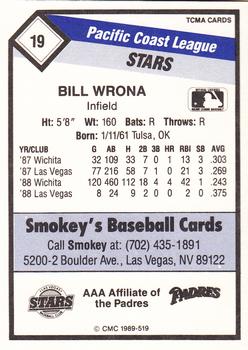 1989 CMC Las Vegas Stars #19 Bill Wrona  Back