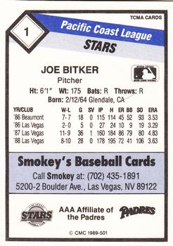 1989 CMC Las Vegas Stars #1 Joe Bitker  Back