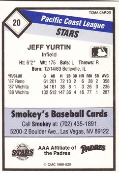 1989 CMC Las Vegas Stars #20 Jeff Yurtin  Back