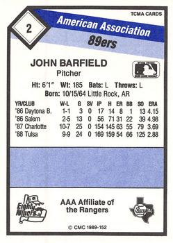 1989 CMC Oklahoma City 89ers #2 John Barfield  Back