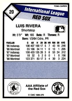 1989 CMC Pawtucket Red Sox #20 Luis Rivera  Back
