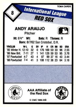 1989 CMC Pawtucket Red Sox #8 Andy Araujo  Back