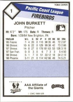 1989 CMC Phoenix Firebirds #1 John Burkett  Back