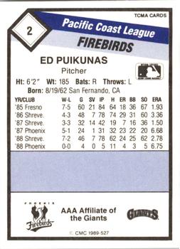 1989 CMC Phoenix Firebirds #2 Ed Puikunas  Back