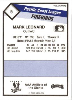 1989 CMC Phoenix Firebirds #5 Mark Leonard  Back