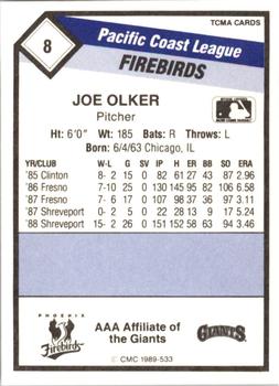 1989 CMC Phoenix Firebirds #8 Joe Olker  Back