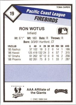 1989 CMC Phoenix Firebirds #19 Ron Wotus  Back