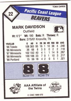 1989 CMC Portland Beavers #22 Mark Davidson  Back