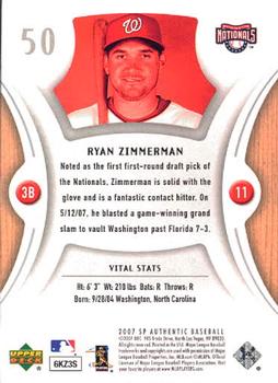 2007 SP Authentic #50 Ryan Zimmerman Back