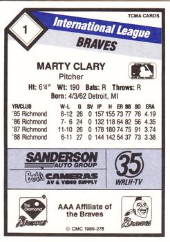 1989 CMC Richmond Braves #1 Marty Clary  Back