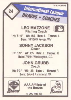 1989 CMC Richmond Braves #24 Leo Mazzone / Sonny Jackson / John Grubb Back