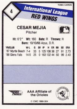 1989 CMC Rochester Red Wings #4 Cesar Mejia  Back