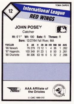 1989 CMC Rochester Red Wings #12 John Posey  Back