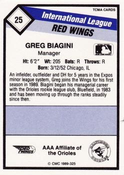 1989 CMC Rochester Red Wings #25 Greg Biagini Back