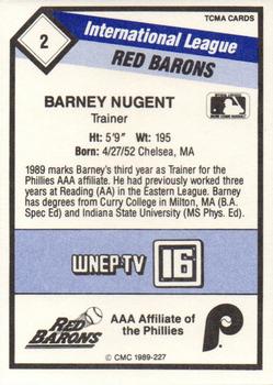 1989 CMC Scranton/Wilkes-Barre Red Barons #2 Barney Nugent  Back