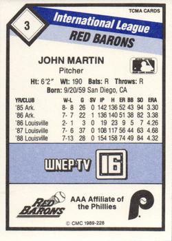 1989 CMC Scranton/Wilkes-Barre Red Barons #3 John Martin Back