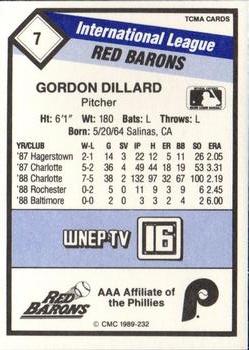 1989 CMC Scranton/Wilkes-Barre Red Barons #7 Gordon Dillard  Back