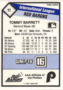 1989 CMC Scranton/Wilkes-Barre Red Barons #11 Tommy Barrett  Back
