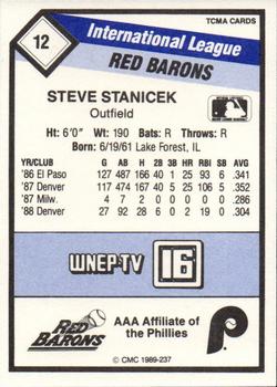 1989 CMC Scranton/Wilkes-Barre Red Barons #12 Steve Stanicek  Back