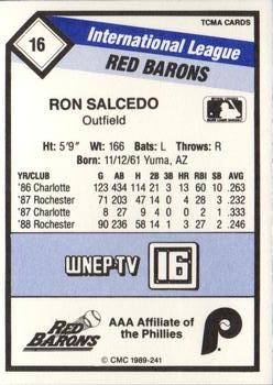 1989 CMC Scranton/Wilkes-Barre Red Barons #16 Ron Salcedo  Back