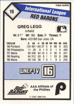 1989 CMC Scranton/Wilkes-Barre Red Barons #19 Greg Legg  Back