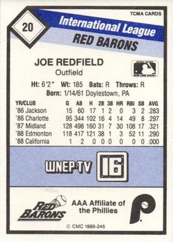 1989 CMC Scranton/Wilkes-Barre Red Barons #20 Joe Redfield  Back