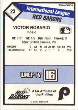 1989 CMC Scranton/Wilkes-Barre Red Barons #23 Victor Rosario Back