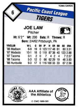 1989 CMC Tacoma Tigers #6 Joe Law  Back
