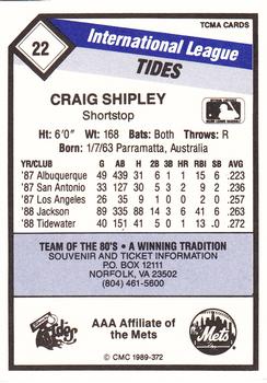 1989 CMC Tidewater Tides #22 Craig Shipley  Back