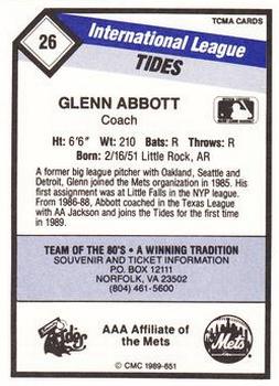1989 CMC Tidewater Tides #26 Glenn Abbott Back