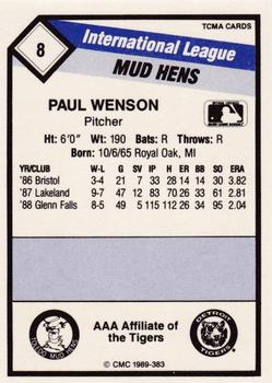 1989 CMC Toledo Mud Hens #8 Paul Wenson  Back