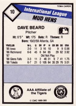1989 CMC Toledo Mud Hens #10 Dave Beard  Back