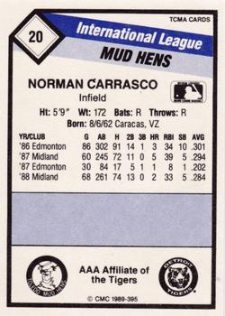 1989 CMC Toledo Mud Hens #20 Norman Carrasco  Back