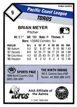 1989 CMC Tucson Toros #9 Brian Meyer  Back