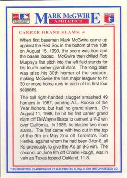 1991 Upper Deck Denny's Grand Slam Holograms #10 Mark McGwire Back