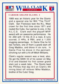 1991 Upper Deck Denny's Grand Slam Holograms #3 Will Clark Back