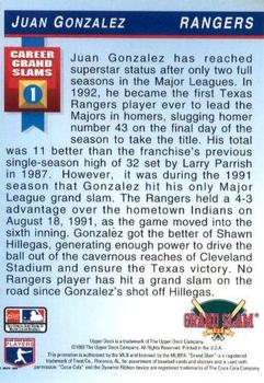 1993 Upper Deck Denny's Grand Slam Holograms #20 Juan Gonzalez Back