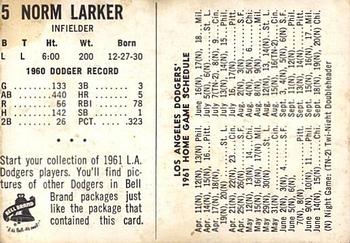 1961 Bell Brand Los Angeles Dodgers #NNO Norm Larker Back