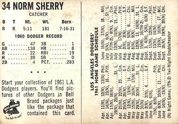 1961 Bell Brand Los Angeles Dodgers #NNO Norm Sherry Back