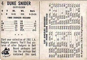 1961 Bell Brand Los Angeles Dodgers #NNO Duke Snider Back