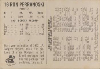 1962 Bell Brand Los Angeles Dodgers #16 Ron Perranoski Back