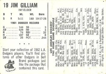 1962 Bell Brand Los Angeles Dodgers #19 Jim Gilliam Back